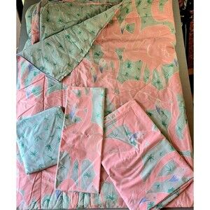 Vintage 80’s Bright Coral Flamingo Comforter Set W/sheets Bibb Company, Twin Set